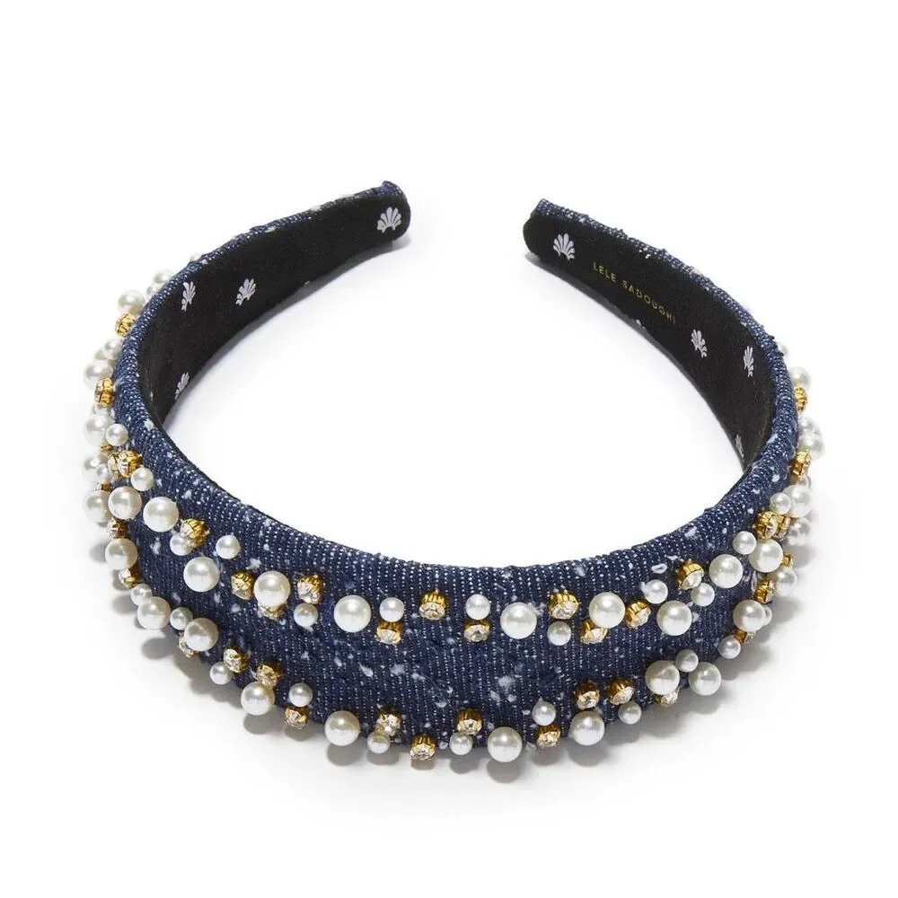 Lele Sadoughi Denim Dobby 1” Cher Faux Pearl Cotton Sprinkle Headband OS
